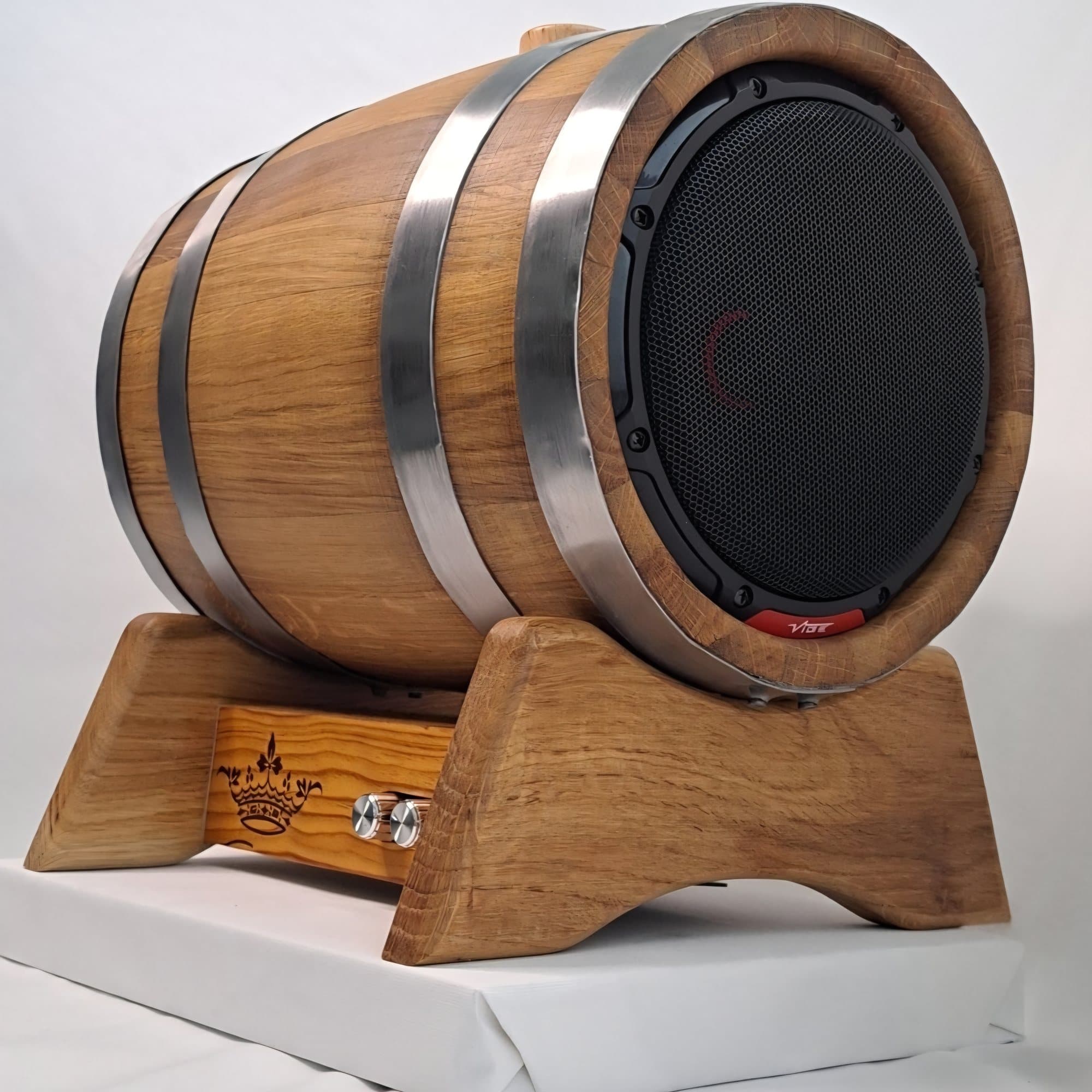Bluetooth speaker built into a small oak barrel