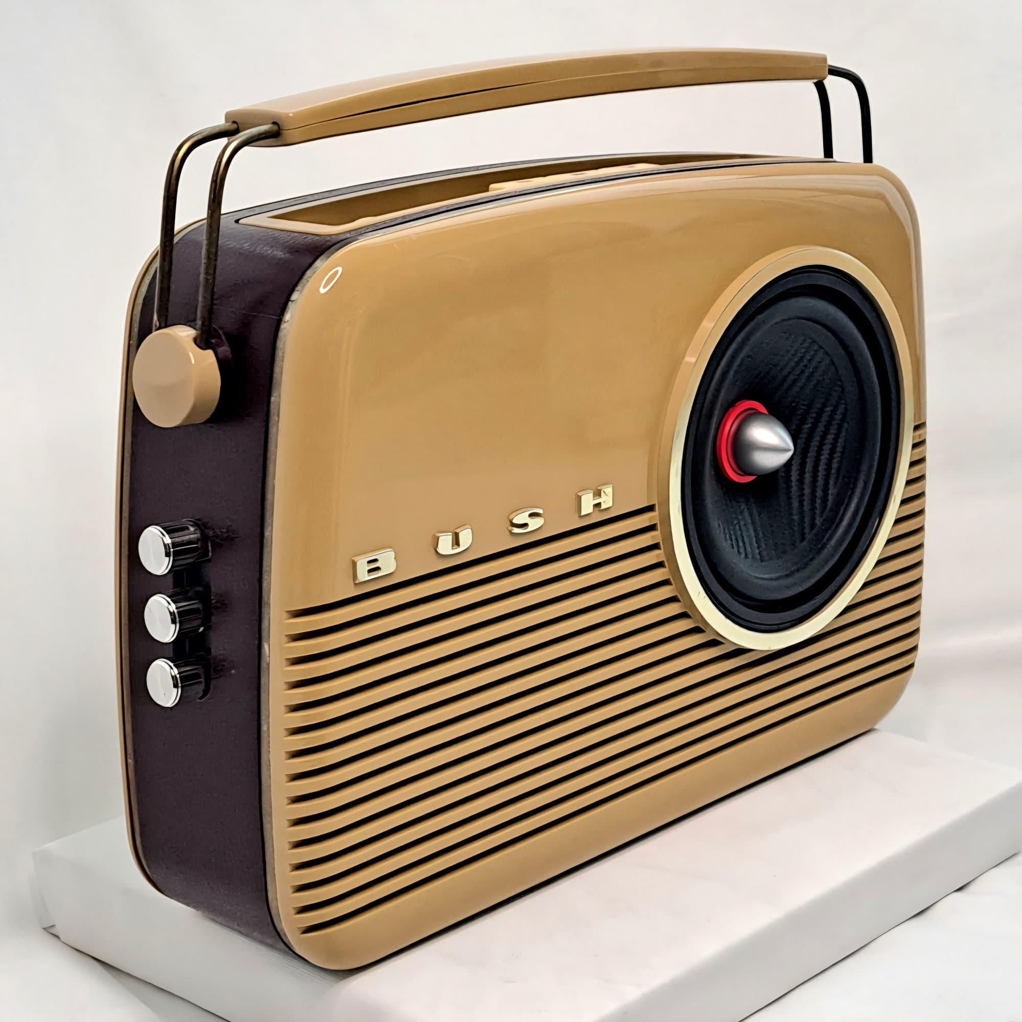 Retro Bush radio in mustard and plum rebuilt as a Bluetooth speaker