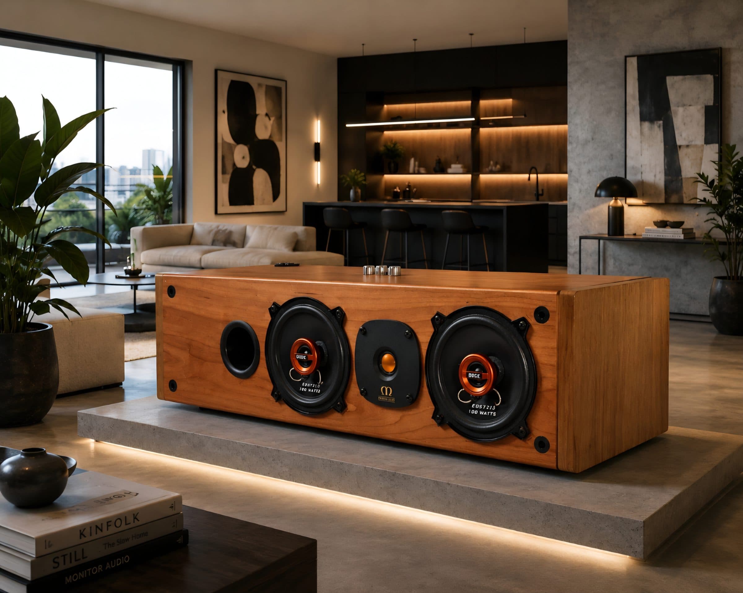 Timber Bluetooth speaker with twin drivers and a centre tweeter, on a lit plinth in a modern living room