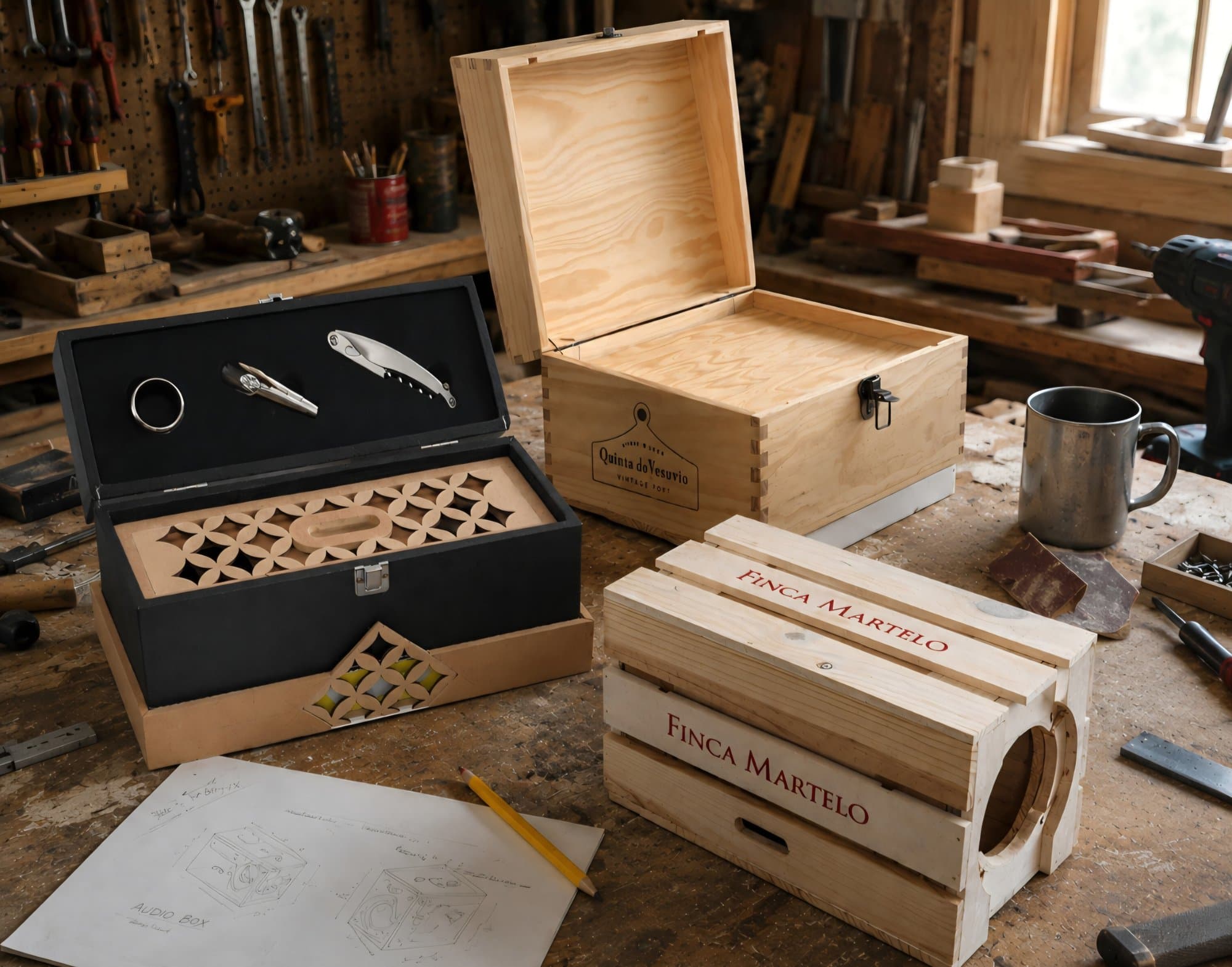 Wine crate speakers on a workshop bench