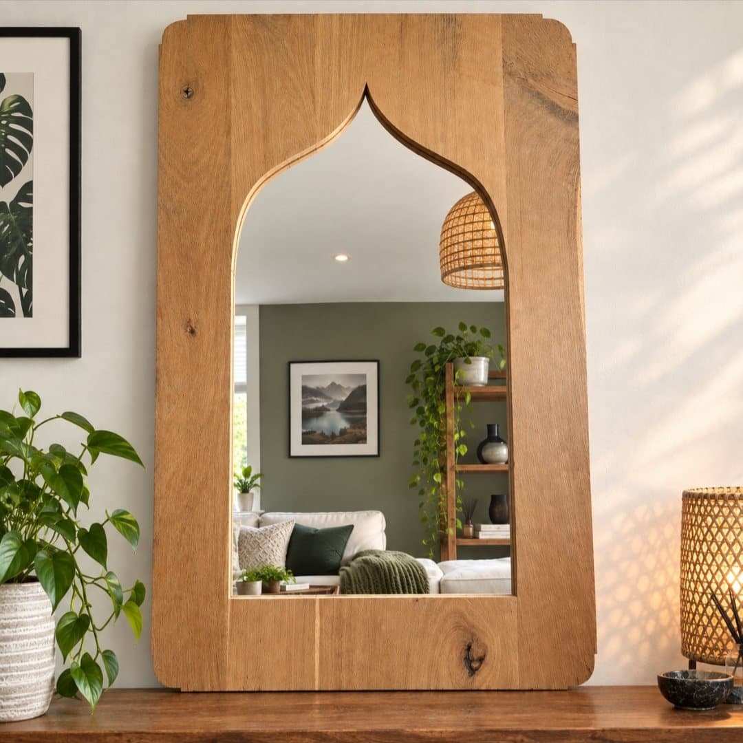Oak mirror with an arched opening in a living room