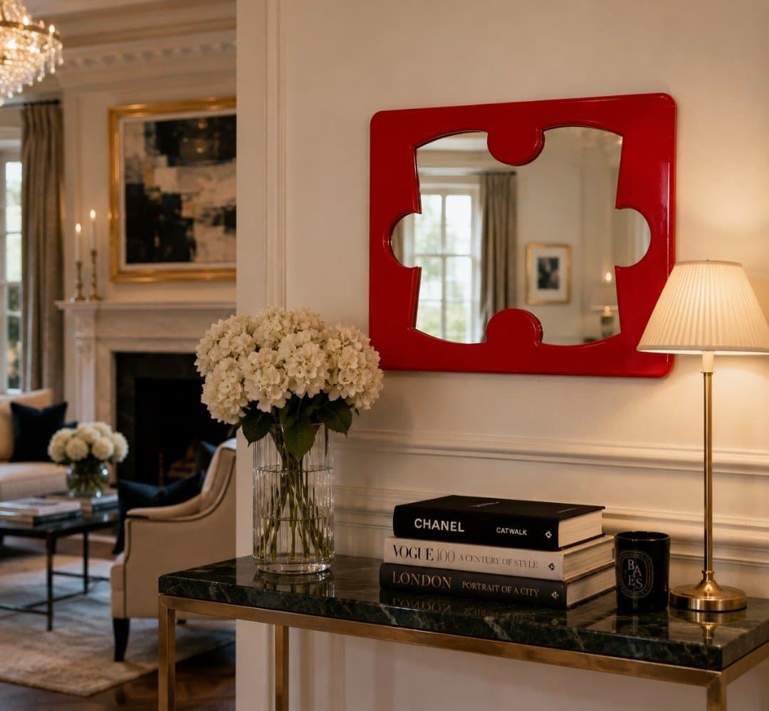 Red puzzle piece mirror above a console table
