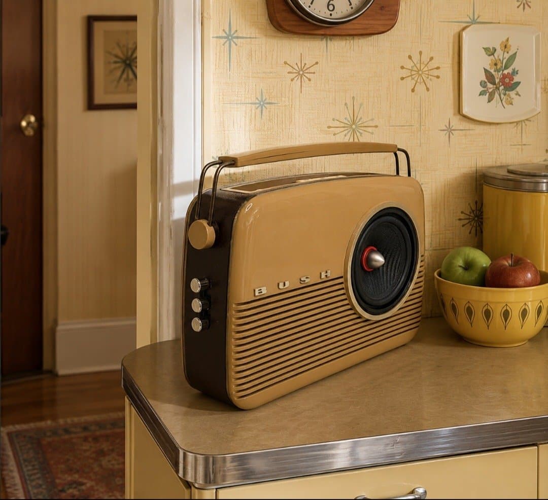 Retro radio speaker on a kitchen worktop