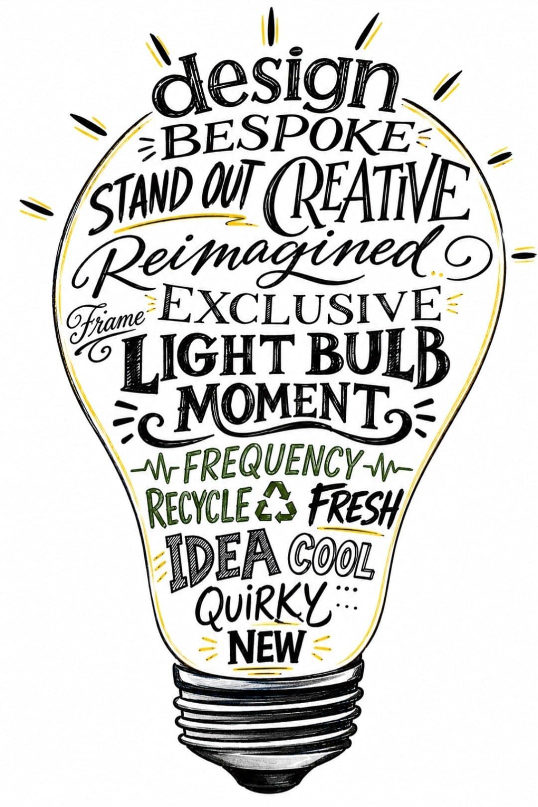 Hand lettered light bulb of words: design, bespoke, stand out, creative, reimagined, exclusive, frame, light bulb moment, frequency, recycle, fresh, idea, cool, quirky, new